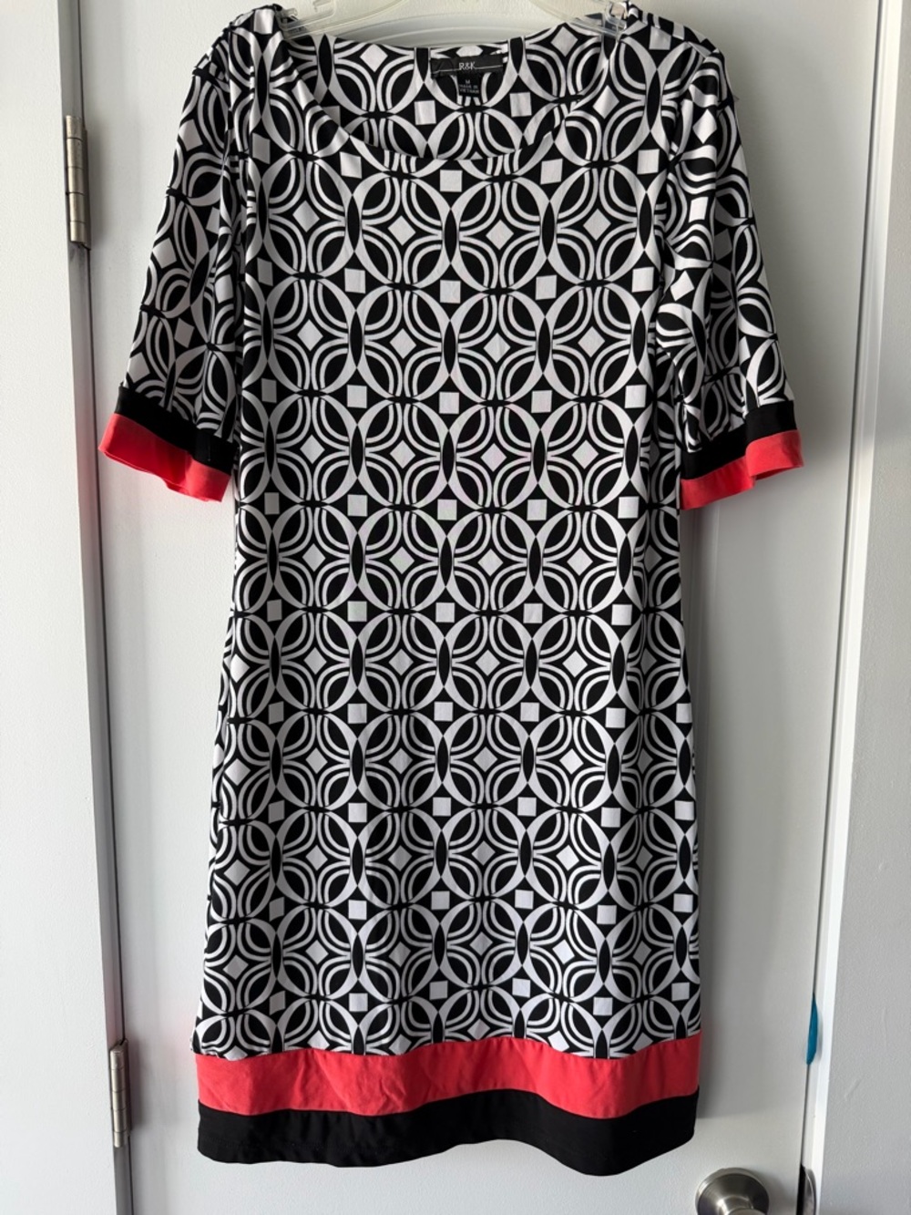 NWOT R&K Black & White Geometric Midi Dress with Coral Trim